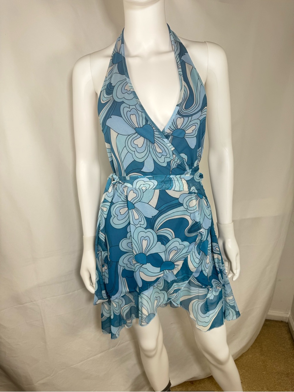 Urban Outfitters Blue Retro Swirl Floral Halter Rara Mini Wrap Dress Medium